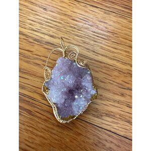 Gold Wire Wrapped Purple Amethyst Cluster Pendant